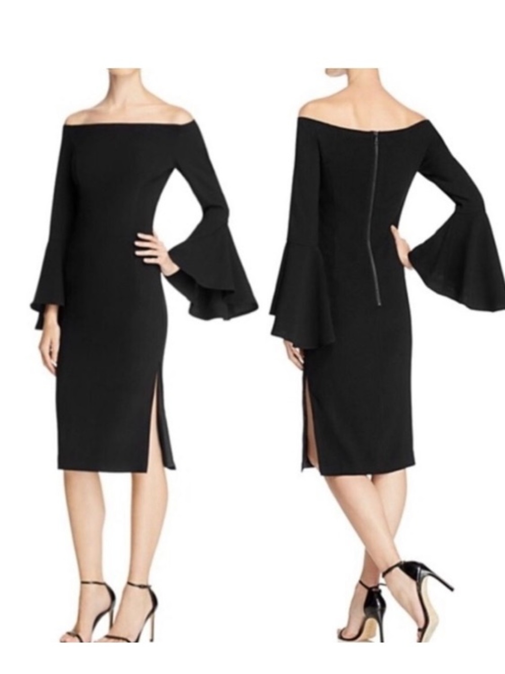 NWT Bardot Solange Off - the - Shoulder Black Midi Bell Sleeves Dress US 8